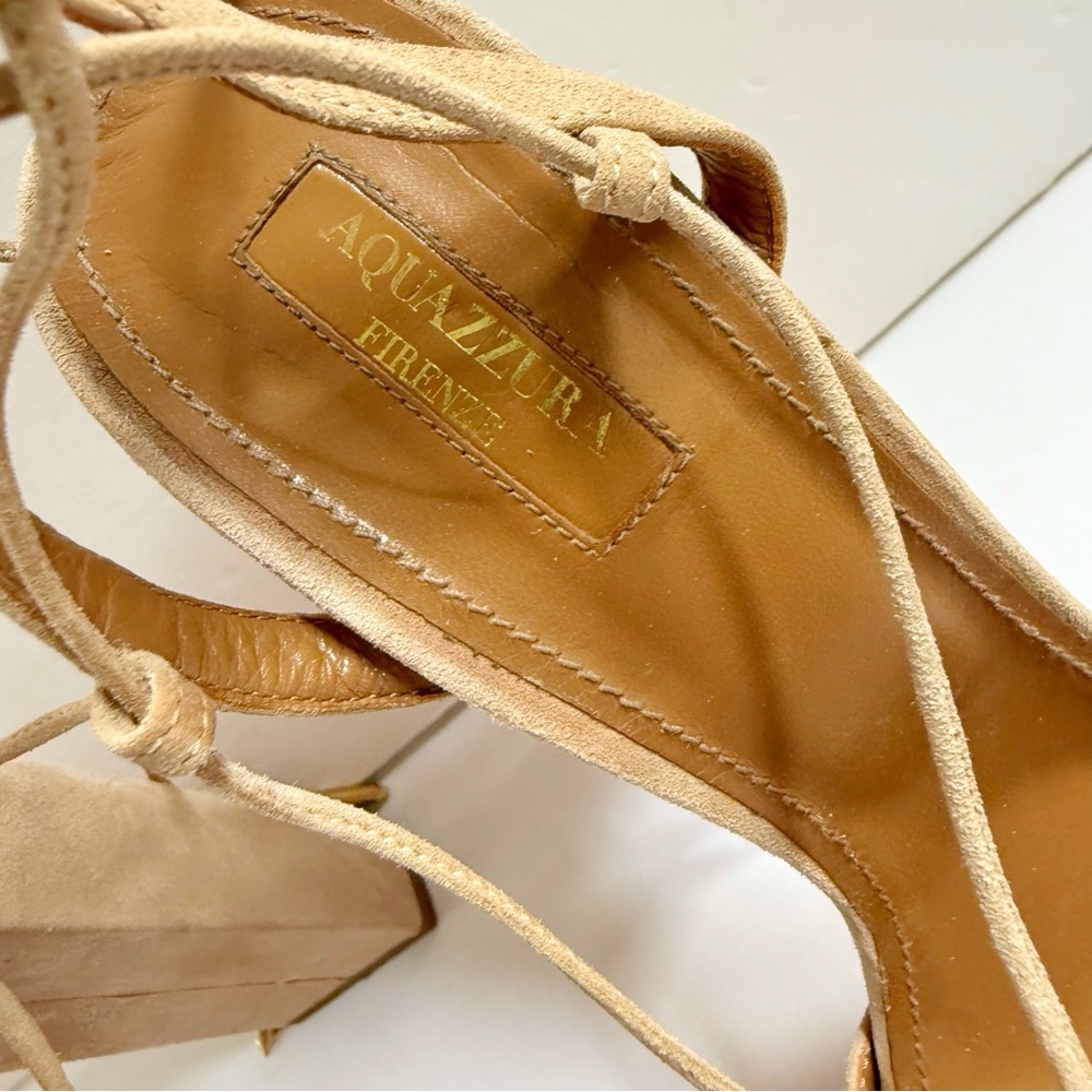 AQUAZZURA AUSTIN BEIGE CREAM SUEDE LACE UP ANKLE WRAP PLATFORM CHUNKY HEEL - Picture 12 of 15